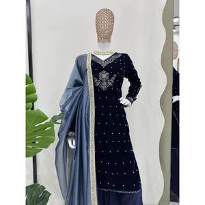Ensemble de costume Salwar Kameez en polyester de créateur, taille XL, pour occasions de fête, avec bordure en dentelle Moti à fils et rivets - Product Image 1
