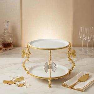 Support à gâteau à deux niveaux en métal doré, fait main, plateau de service multi-couches avec motif de feuilles décoratives - Product Image 2
