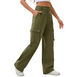 Pantalon cargo taille haute pour femme, vert olive, coupe ample, longueur intégrale, taille élastique, pantalon utilitaire décontracté avec poches - Product Image 4