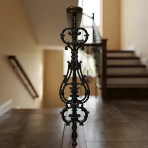 European Style Wooden Staircase <b>Handrail</b> with Black <b>Wrought</b> <b>Iron</b> Balusters - Product Image 4