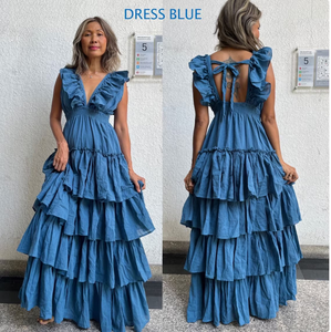 Dusty Blue Tiered Ruffle Maxi Dress Deep V Neck Tie Back <b>Boho</b> Gown Smocked Natural Waist Sleeveless Organic Cotton Eco-Friendly - Product Image 5