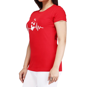 Camiseta de Verano de Manga Corta con Cuello Redondo Roja para Mujer, Estampado Personalizado de Mariposa y Latido de Corazón, Corte Regular, Informal, Tejido Acrílico de Secado Rápido - Product Image 4