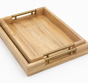Luxury Acacia Mango Wood Handmade Eco-Friendly Modern Serving Tray Set with Metal Handles Rectangular Breakfast Tea Coffee Tray - Product Image 4