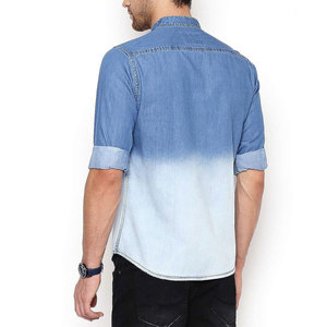 Camisa de Mezclilla para Hombre, Cuello Mao, Manga Tres Cuartos, Teñido Degradado, Color Sólido, Cierre de Botones, Corte Ajustado, Estilo Casual para Verano - Product Image 2