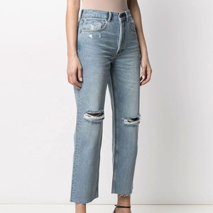 High Waist Light Blue Ripped Straight Leg Jeans for Women Distressed Denim Pants with Raw Hem and Five Pockets - Product Image 5