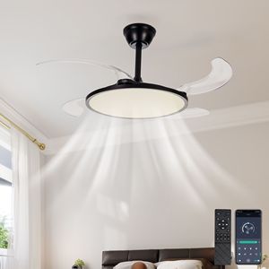 Ventilateur de plafond LED moderne noir de 42 pouces avec pales rétractables, lumière à intensité variable, télécommande, minuterie, design profilé pour salle à manger - Product Image 2