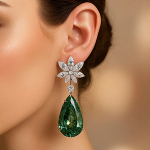 Pendientes de Lujo para Mujer, con Flor de Diamantes en Oro de 18K y Gema Verde en Forma de Lágrima, Joyería para Boda - Product Image 3