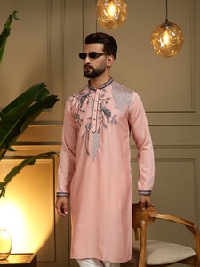 Ensemble Kurta Pyjama en Soie Rose pour Homme, Coupe Classique, Style Traditionnel Indien et Pakistanais, Longueur Genou, Idéal pour Mariage - Product Image 5