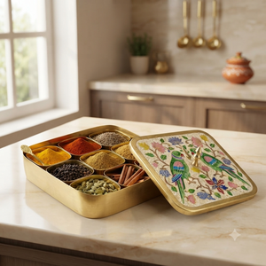 Handmade Brass Parrot Floral Square Masala <b>Box</b> Luxury Indian Spice Container Decorative Kitchen Storage Wholesaler - Product Image 5