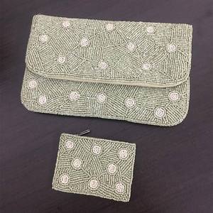 Handmade Beaded Clutch <b>Purse</b> With Floral Pattern <b>Green</b> Cotton Rectangular Shape For Party Use - Product Image 1