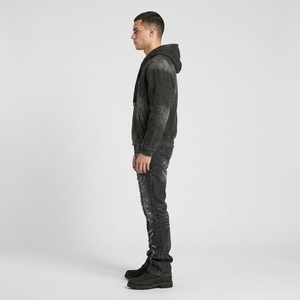 Men's <b>Black</b> Washed tracksuit <b>Hoodie</b> and Distressed Jeans Set Vintage Streetwear Outfit with Graphic <b>Zip</b> <b>Up</b> Jacket - Product Image 5