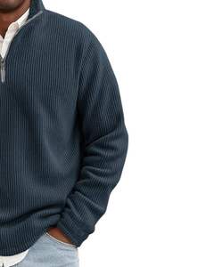 Pull tricoté côtelé mi-zippé pour homme, vert sarcelle foncé, chaud et doux, col montant, manches longues, décontracté et confortable, idéal pour l'hiver, vente en gros - Product Image 3