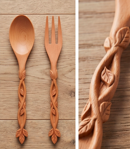 Juego de cubiertos de madera con mangos tallados en forma de hoja, acabado mate, utensilios reutilizables de primera calidad para uso en campamentos, eventos y restaurantes. - Product Image 2