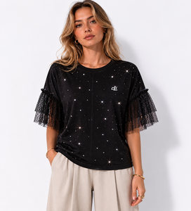 OEM Custom Logo Tulle <b>Patchwork</b> T-<b>Shirt</b> Wholesale women's <b>shirt</b> Chic Sparkling Rhinestone Top Ruffled Short Sleeve Sheer Layered - Product Image 4