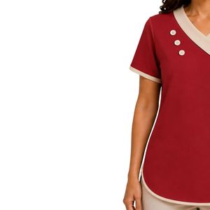 Camiseta Roja de Manga Corta con Cuello en V Asimétrico para Mujer, Bordado Floral, Ribete en Contraste, Detalle de Botones, Ropa Casual Personalizada al por Mayor - Product Image 3