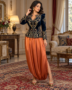 Caftán Marroquí Mishkat Couture Azul Marino, Terciopelo Color Ciruela, Elegante, MAXI, Bordado a Mano en Dorado, Cuello en V, para Mujeres Musulmanas, Ropa para Bodas y Fiestas - Product Image 4