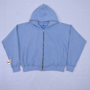 เสื้อฮู้ดซิปสีฟ้าอ่อนแบบยูนิเซ็กซ์ ผ้าฝ้ายผสมโพลีเอสเตอร์ สวมใส่สบายๆ สำหรับฤดูใบไม้ร่วง ทรงปกติ สีพื้น ผ้าถัก - Product Image 1