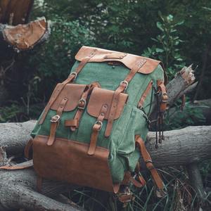 Premium Genuine Leather <b>Water</b> <b>Resistant</b> Canvas <b>Backpack</b> Travel Laptop Bag 36-55L Capacity Customizable Wholesale Private Label - Product Image 5