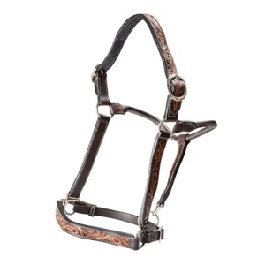 Licol de luxe en cuir sculpté à la main avec surpiqûres contrastées et double quincaillerie en laiton réglable – Licol Western - Product Image 3