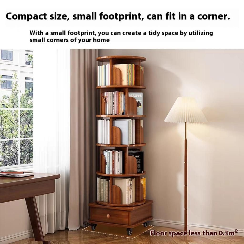 Modern Wood Corner Bookshelf 6 Tier Rotating Storage Rack With