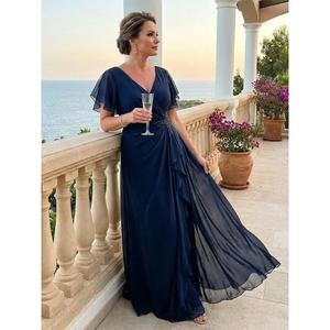 Amorzinho – robe de soirée élégante en mousseline de soie bleu marine, taille basse, col en v, coupe trapèze, longueur au sol, de haute qualité, séchage rapide - Product Image 3