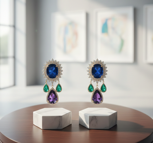 Pendientes de Novia Hechos a Mano en Plata de Ley 925 con Baño de Oro, con Hidroalbastrina Azul y Circonita Cúbica Verde, Joyería para Fiestas - Product Image 3