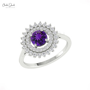 Custom 14k Fine <b>Gold</b> Double Halo <b>Ring</b> with 6mm Round Cut Amethyst & White Diamond Engagement <b>Cocktail</b> <b>Ring</b> from Chordia Jewels - Product Image 4