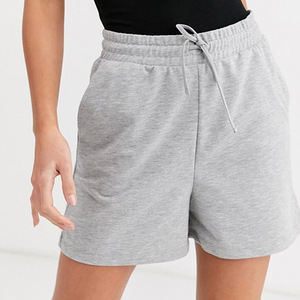 Women High Waist Gray Cotton Knitted Shorts With Drawstring And Pockets Casual Sporty Style - Product Image 1