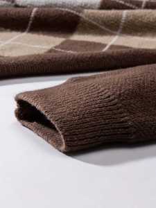 Pull en tricot à col en V pour homme, motif losanges, coupe ajustée, style décontracté, pour l'automne et le printemps, couleur marron, vêtements en tricot pour homme - Product Image 4