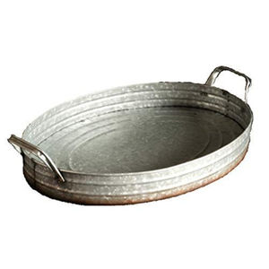 Juego de 2 bandejas rústicas de metal galvanizado plateado con borde y asas de cobre, bandeja decorativa para exhibición en la cocina y decoración del hogar. - Product Image 3