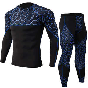 Ensemble de vêtements de sport pour homme, noir et bleu, à motifs géométriques, compression, manches longues, col respirant, évacuation de l'humidité, séchage rapide, pantalon long - Product Image 1