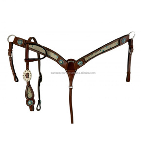 Conjunto de cuello de pecho y cabeza de una oreja occidental de cuero de vaca 100% de la mejor calidad con tachuelas plateadas - Product Image 4