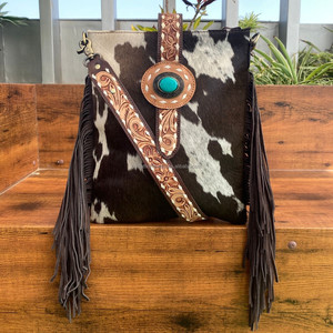 Haute qualité 2025 mode sac à franges en cuir repoussé à la main pour femmes peau de vache concepteur Floral Turquoise pierre sacs à main - Product Image 2