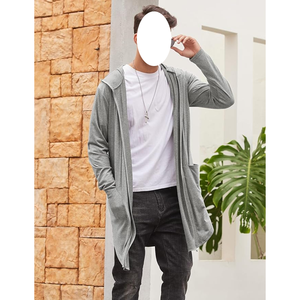 Cardigan long léger à capuche pour homme, ouvert sur le devant, drapé, vêtement d'extérieur d'été - Product Image 4