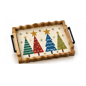 Concept Home CMC-WT439 <b>Wooden</b> Serving <b>Tray</b> with Leaf Pattern Painted Red Background Handle Residential Use - Product Image 1