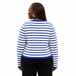 <b>Women's</b> Blue <b>White</b> Striped Knitted <b>Cardigan</b> Long Sleeve Crew Neck Button Front Nautical Style Regular Length - Product Image 4