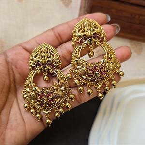 Vintage Mahalakshmi Chandelier Drop Earrings with Jade Pearl Diamond Moissanite - Product Image 1