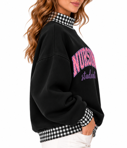 Sudadera de cuello simulado personalizada para mujer al por mayor, con letras de guinga, de algodón polar, con ribetes, estilo oversize, para invierno, ropa urbana - Product Image 6