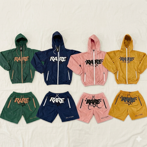 Ensemble veste coupe-vent à capuche et short de marque Rare, unisexe, streetwear, printemps, léger, polyester, fermeture éclair sur le devant, design imprimé - Product Image 1