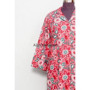 Robe longue imprimée au bloc 100 % coton pur, col en V, manches 3/4, boutonnée sur le devant, style club sexy, moulante, soirée, formelle - Product Image 2