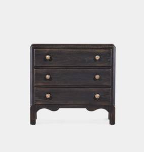 French Country Teak Wood Bedside <b>Table</b> Scalloped Apron Triple Drawer <b>Side</b> Cabinet <b>Vintage</b> Look Box - Product Image 1