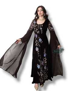 Elegant Brown Floral Embroidered Abaya Long Sleeve Floor Length Round Neck Women's Evening Party Wear Rayon Loose Fit - Product Image 3