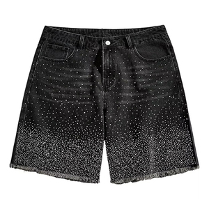 Custom Men's Distressed Denim Shorts Vintage Diamond Wash With All-Rhinestone Design Streetwear Style - Product Image 1