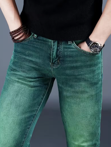 Jeans de Mezclilla para Hombre, Corte Recto, Ajustados, Color Verde Degradado, Cintura Media, Lavado Arena, Algodón, Estilo Casual Otoñal - Product Image 6