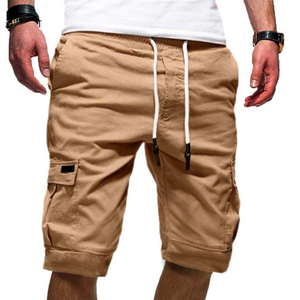 Men's Navy <b>Cargo</b> Shorts Mid Waist Drawstring Solid Cotton Bermuda Jogging with Pockets Breathable Woven Style Front Logo - Product Image 4
