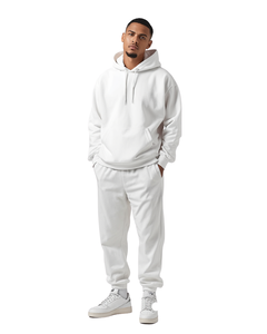 Men White Hooded <b>Tracksuit</b> Full Length Solid Color Cotton Casual Wear With Side Pockets And Elastic Waist - Product Image 1