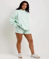 Ensemble 2 pièces décontracté pour femme, vert menthe, avec long sweat à capuche et short, 100 % coton, coupe classique, couleur unie, streetwear d'hiver, idéal pour la détente