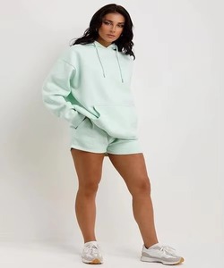 Conjunto de 2 Piezas para Mujer, Sudadera Larga con Capucha y Pantalones Cortos, Color Verde Menta, 100% Algodón, Corte Regular, Estilo Casual, Ropa de Calle para Invierno - Product Image 3