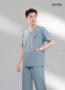 Mechic Men's Light <b>Blue</b> V-Neck <b>Scrub</b> Set Short Sleeve Hospital Uniform Woven Cotton Polyester Pants Included - Product Image 3