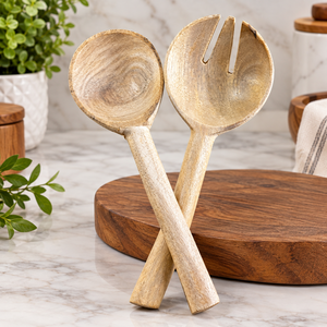 Juego de Servidores de Ensalada de Madera Natural de Diseño Coreano, Ecológico, REHMAN CRAFT, Cuchara y Tenedor Hechos a Mano con Mango a Cuadros para Cocina - Product Image 3